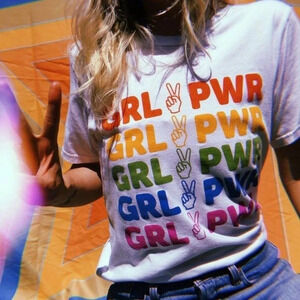 NEW! Sunday Fun “Girl Power” Rainbow Graphic Cotton Short Sleeve T-Shirt